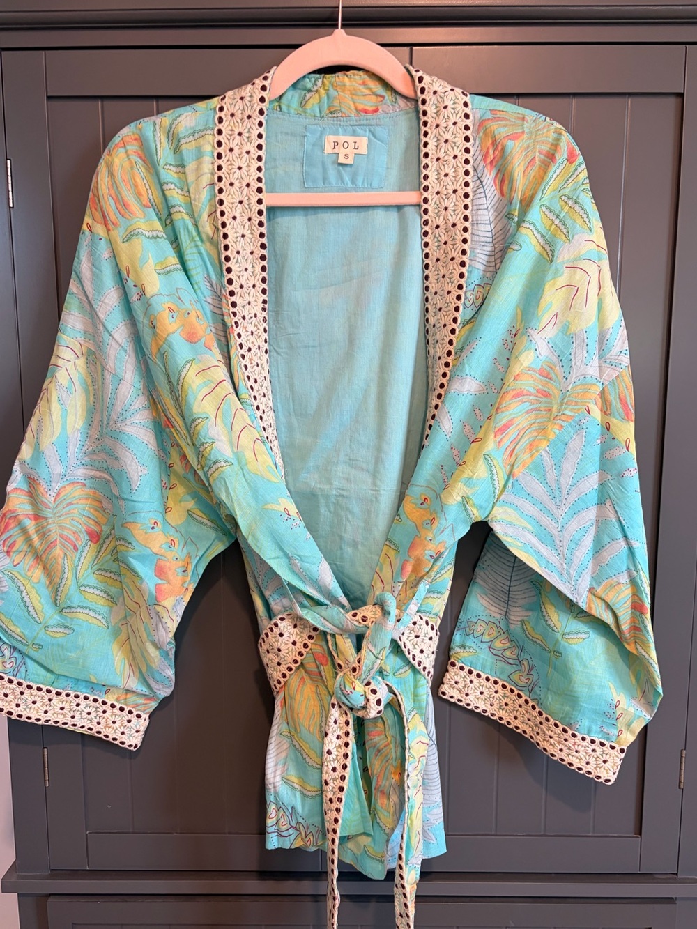 POL Aqua Tropical-Print Tie-Front Kimono Jacket